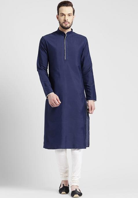 Navy Traditional Cotton Blend Kurta Set For Men