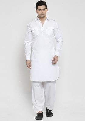 White Traditional Cotton Blend Kurta Set For Men