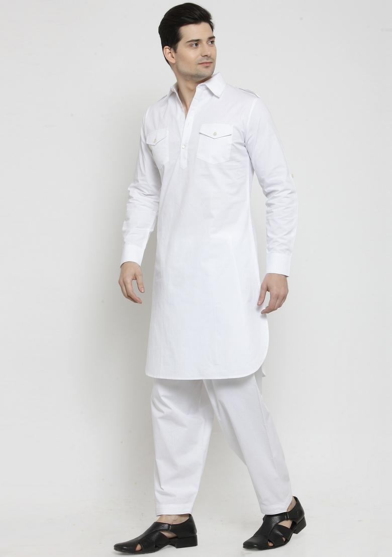 White Traditional Cotton Blend Kurta Set For Men - Indya