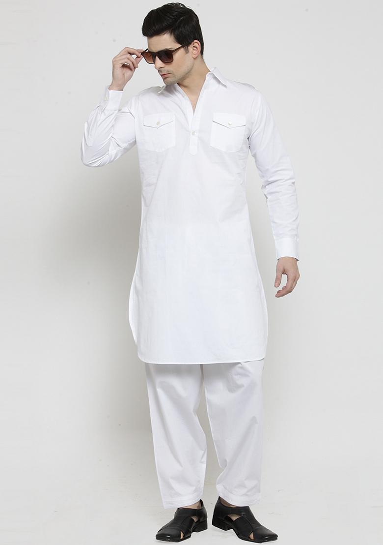 White Traditional Cotton Blend Kurta Set For Men - Indya