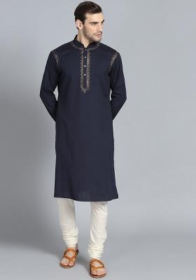 Navy Traditional Cotton Blend Kurta Set For Men
