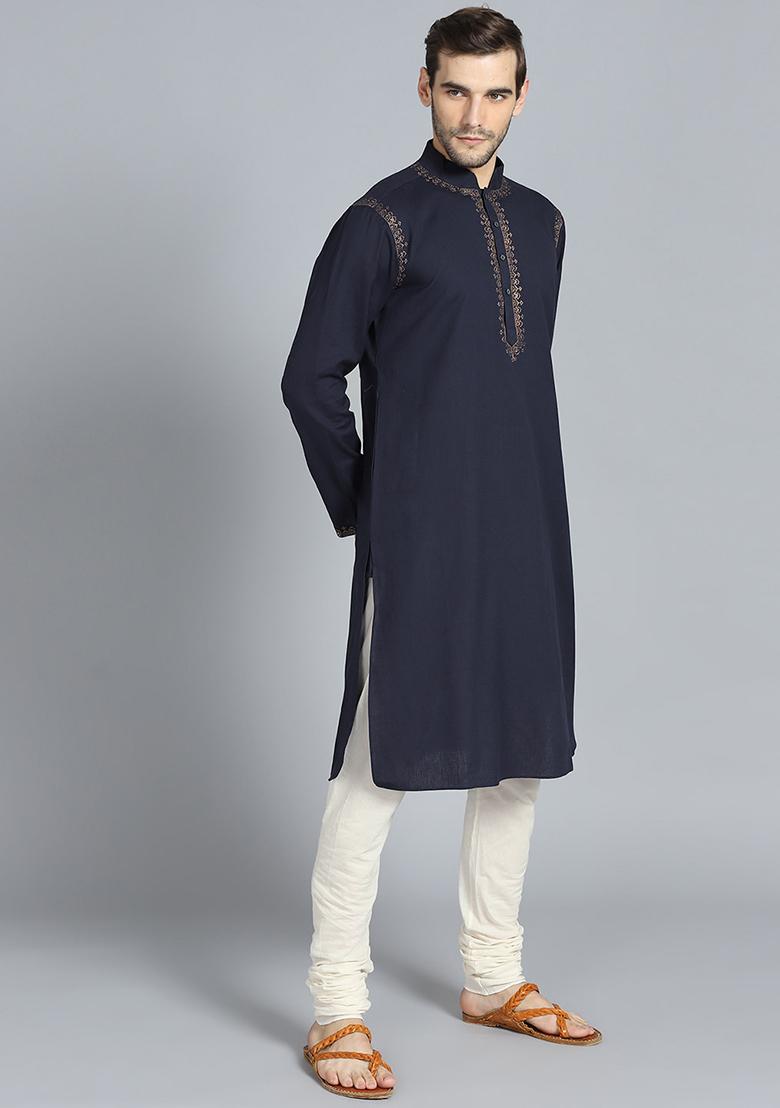 Navy Traditional Cotton Blend Kurta Set For Men - Indya