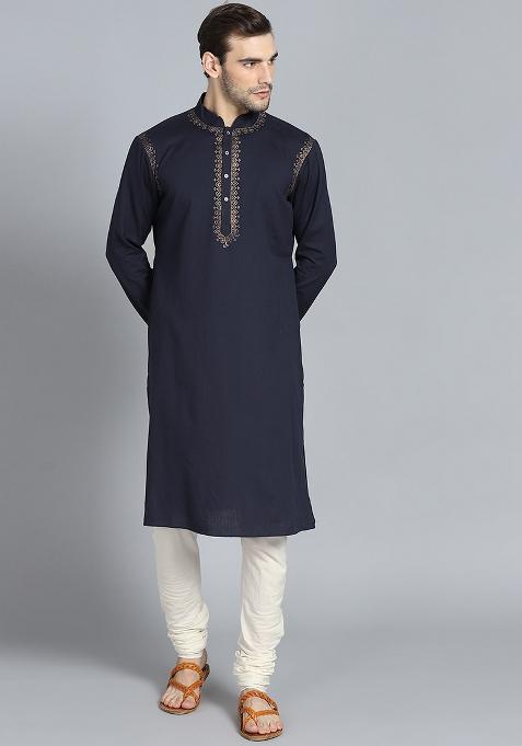 Navy Traditional Cotton Blend Kurta Set For Men