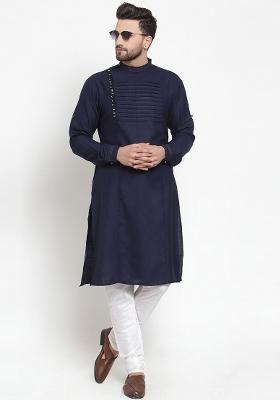 Navy Traditional Cotton Blend Kurta Set For Men