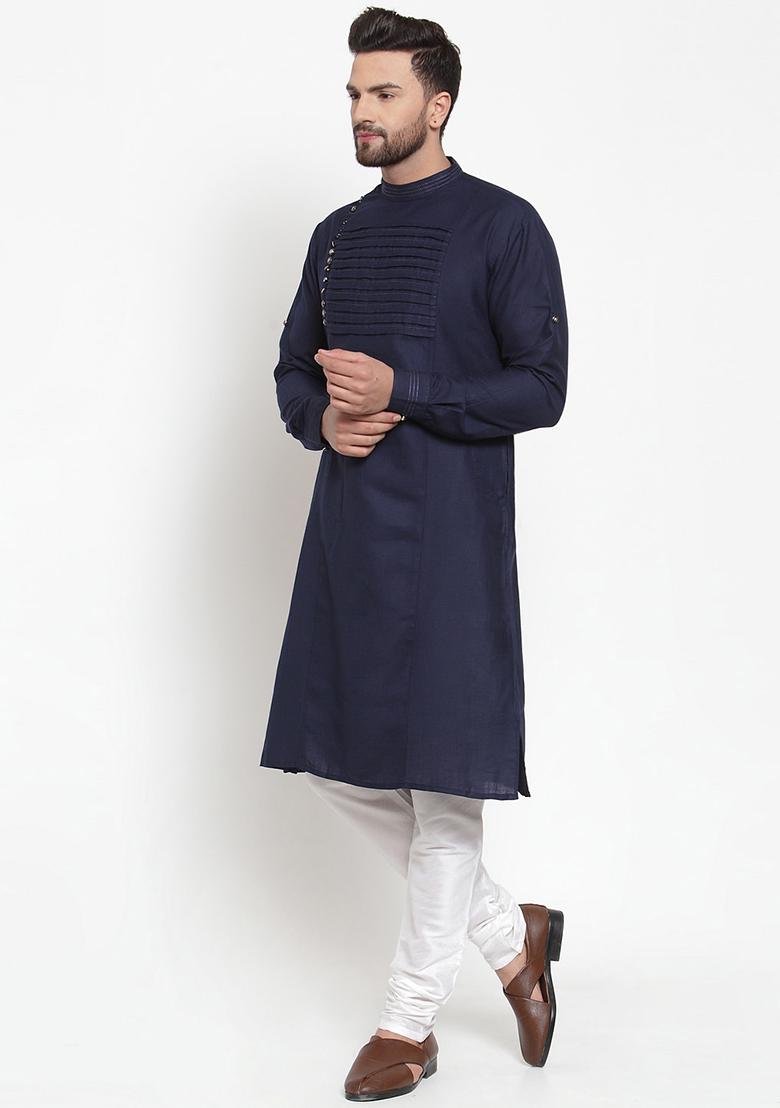 Navy Traditional Cotton Blend Kurta Set For Men - Indya