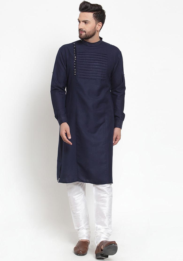 Navy Traditional Cotton Blend Kurta Set For Men - Indya