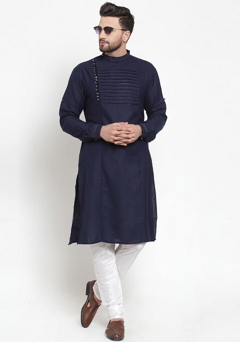 Navy Traditional Cotton Blend Kurta Set For Men