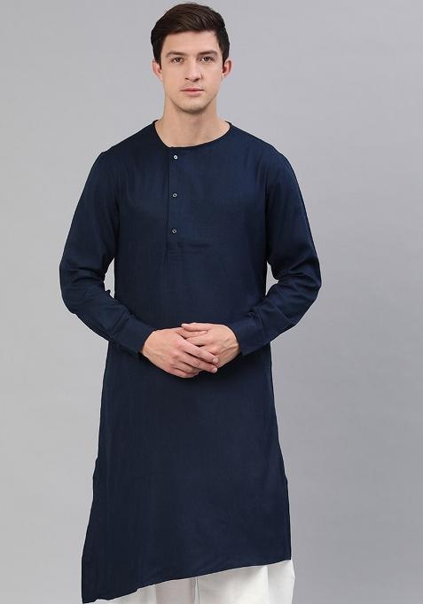 Navy Traditional Cotton Blend Kurta For Men