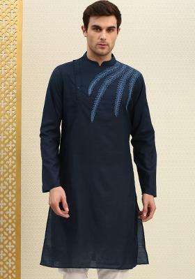 Navy Traditional Cotton Blend Kurta For Men