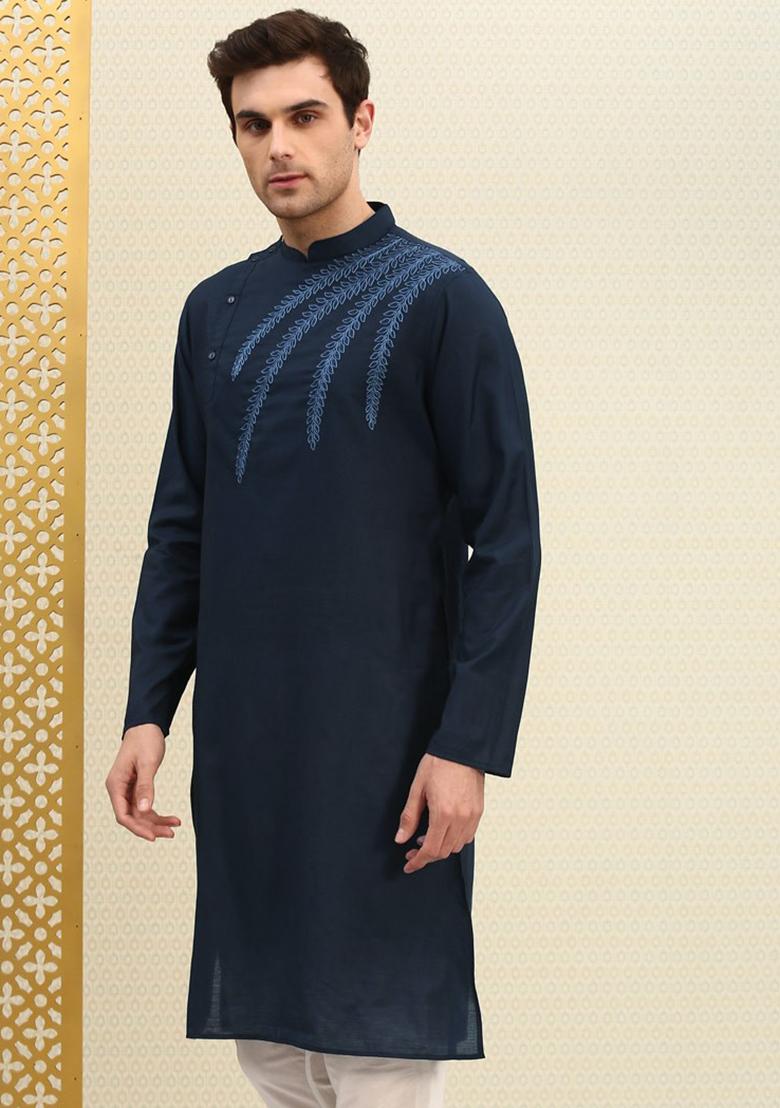 Navy Traditional Cotton Blend Kurta For Men - Indya