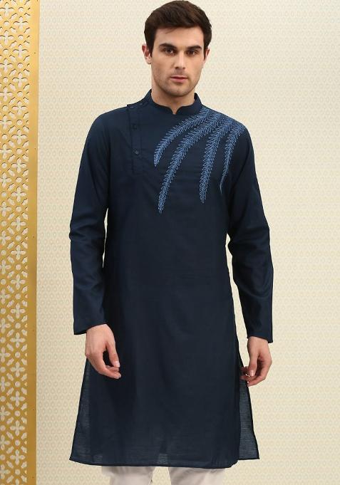 Navy Traditional Cotton Blend Kurta For Men