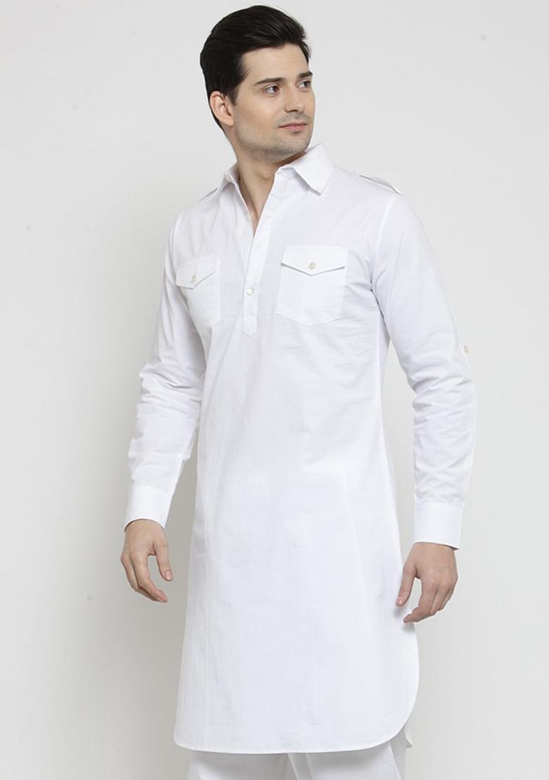 White Traditional Cotton Blend Kurta For Men - Indya