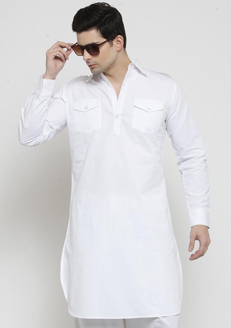White Traditional Cotton Blend Kurta For Men - Indya