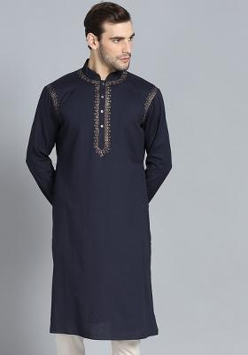 Navy Traditional Cotton Blend Kurta For Men