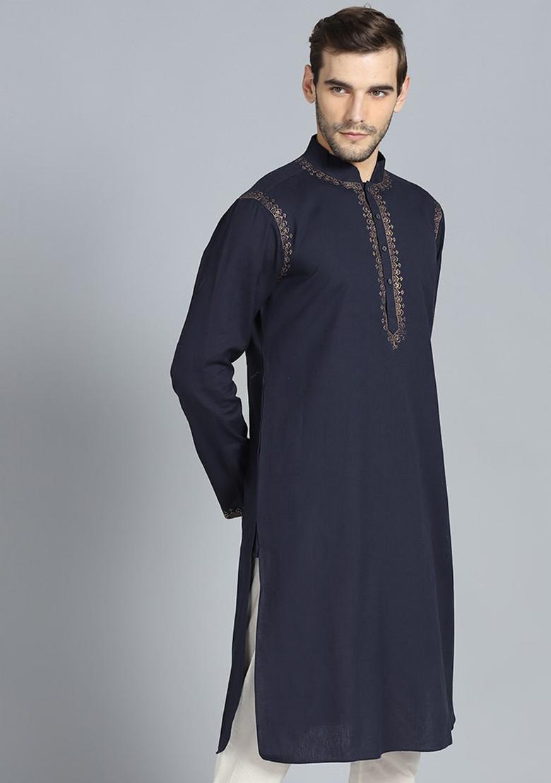 Navy Traditional Cotton Blend Kurta For Men - Indya