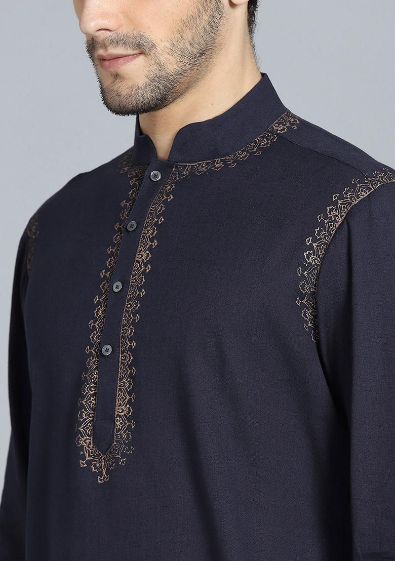 Navy Traditional Cotton Blend Kurta For Men - Indya