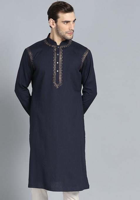 Navy Traditional Cotton Blend Kurta For Men