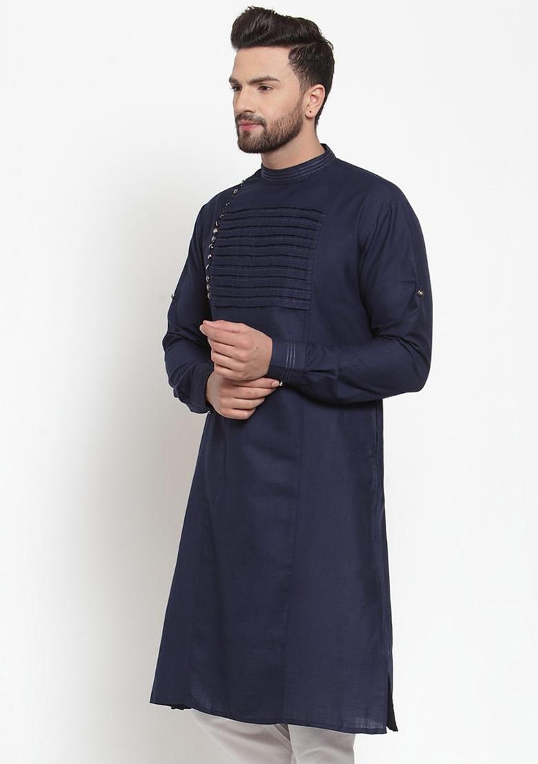 Navy Traditional Cotton Blend Kurta For Men - Indya