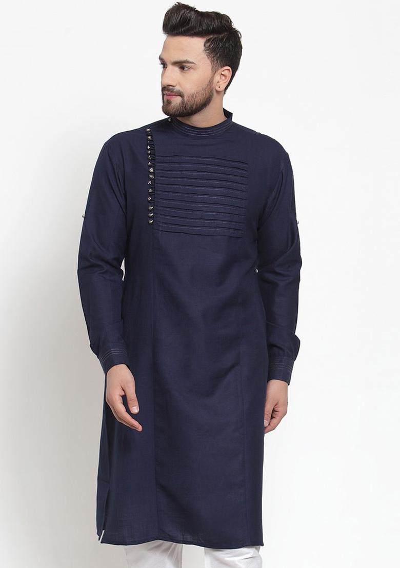 Navy Traditional Cotton Blend Kurta For Men - Indya