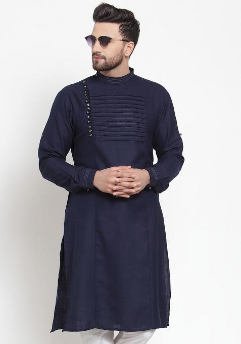 Navy Traditional Cotton Blend Kurta For Men