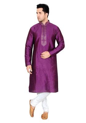 Purple Traditional Dupion Silk Kurta For Men