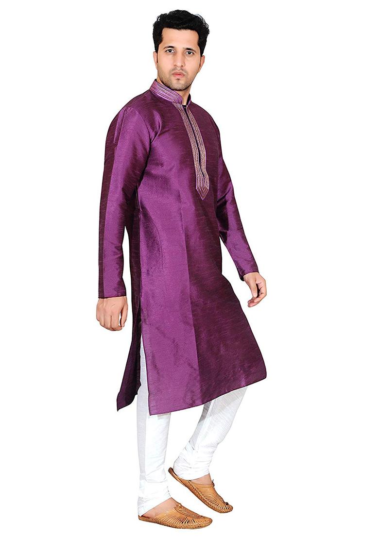 Purple Traditional Dupion Silk Kurta For Men - Indya