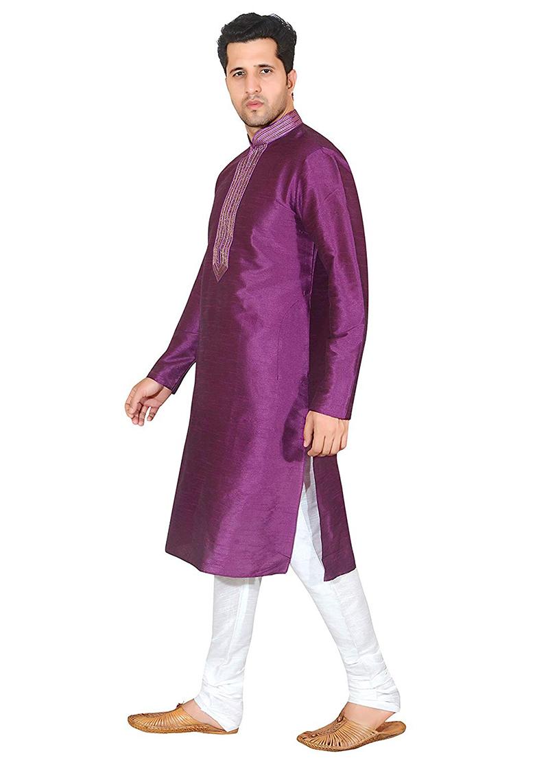 Purple Traditional Dupion Silk Kurta For Men - Indya