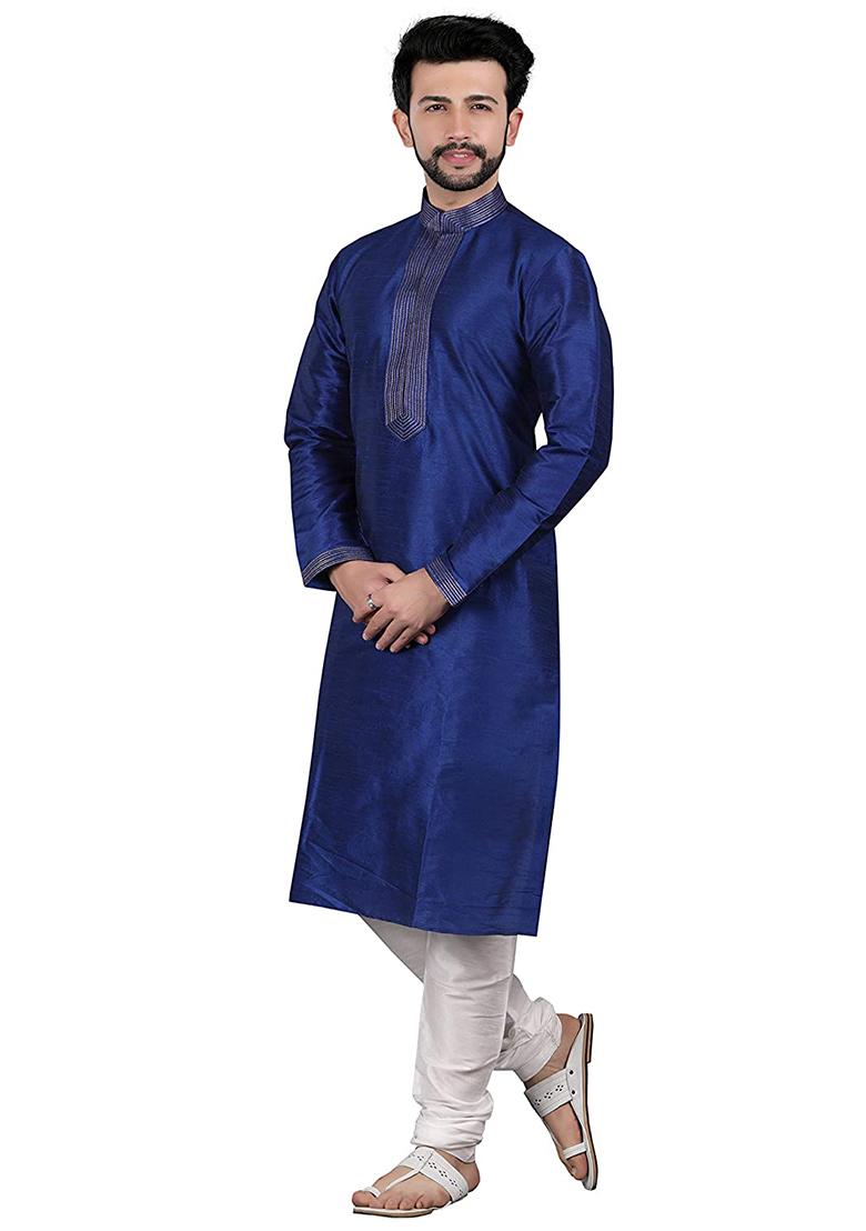 Royal Blue Traditional Dupion Silk Kurta For Men - Indya