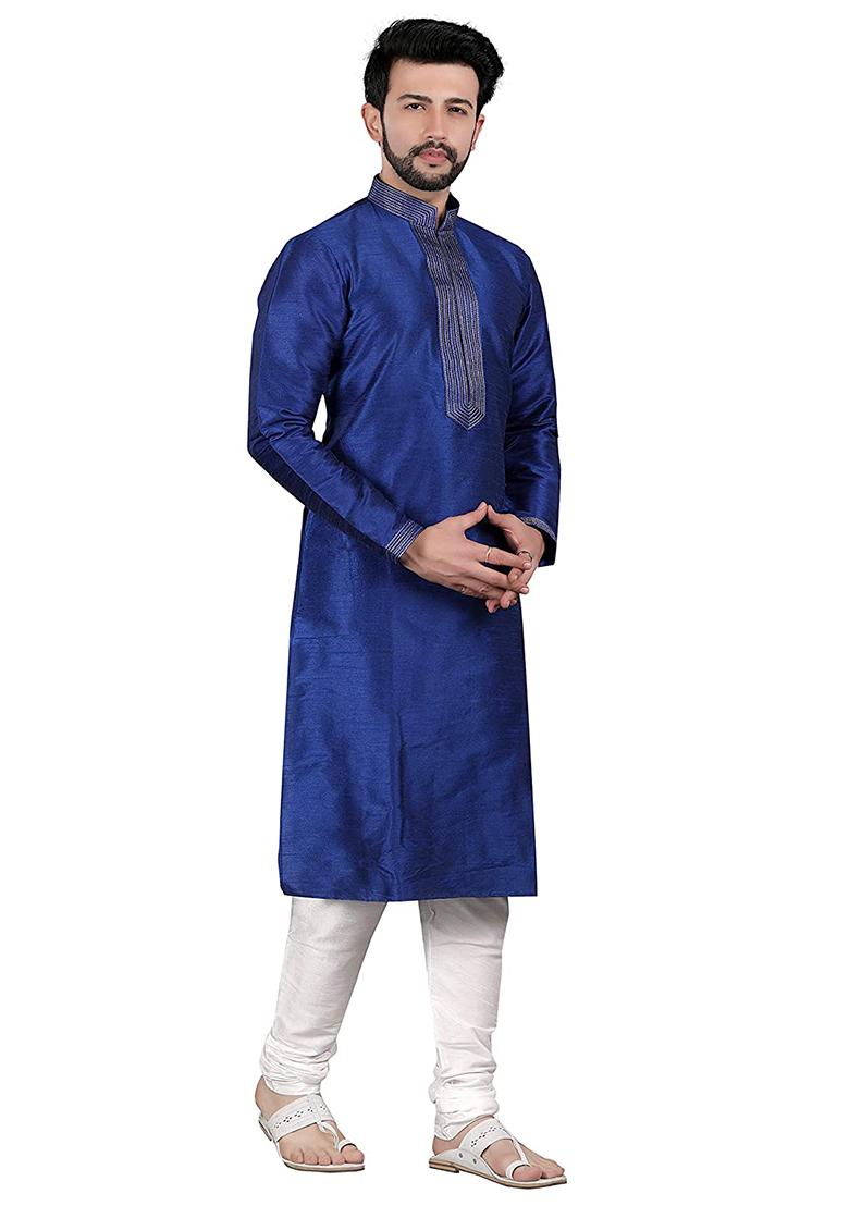 Royal Blue Traditional Dupion Silk Kurta For Men - Indya