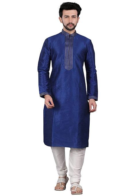 Royal Blue Traditional Dupion Silk Kurta For Men