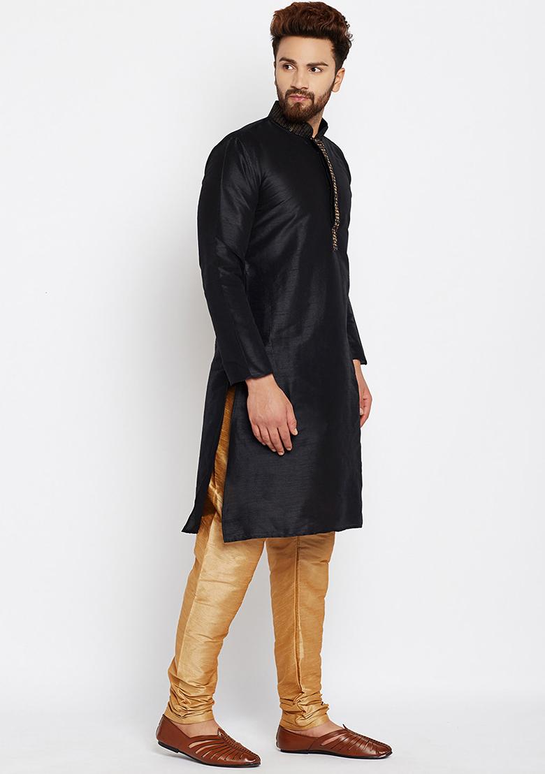 Black Traditional Dupion Silk Kurta For Men - Indya
