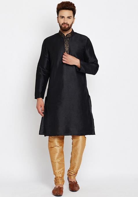 Black Traditional Dupion Silk Kurta For Men
