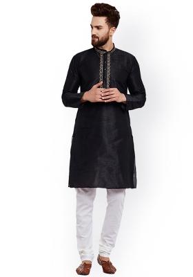 Black Traditional Dupion Silk Kurta For Men