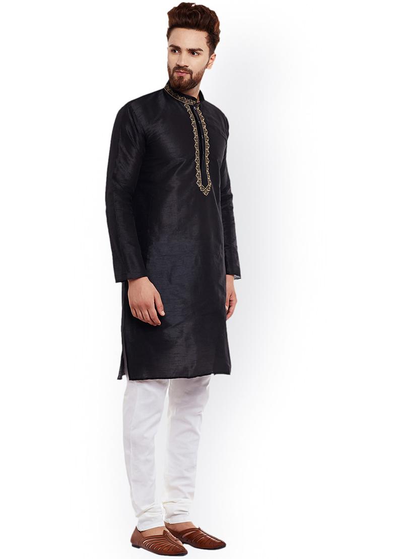Black Traditional Dupion Silk Kurta For Men - Indya