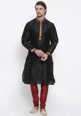 Black Traditional Dupion Silk Kurta For Men