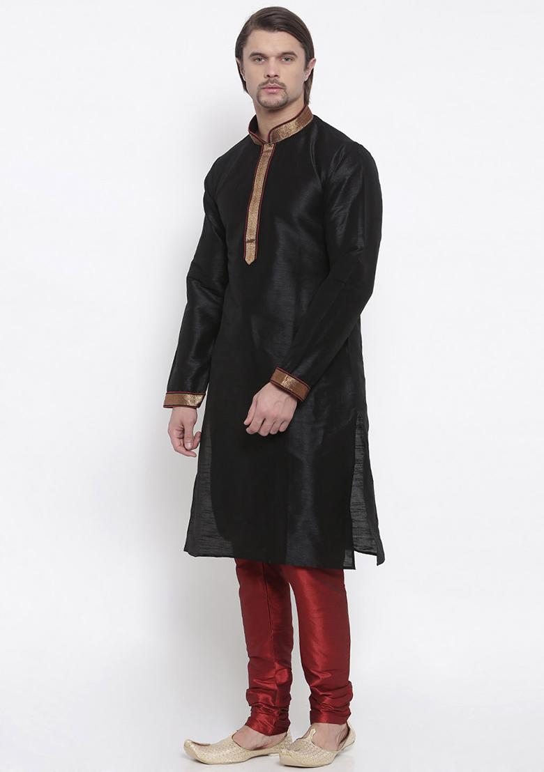 Black Traditional Dupion Silk Kurta For Men - Indya