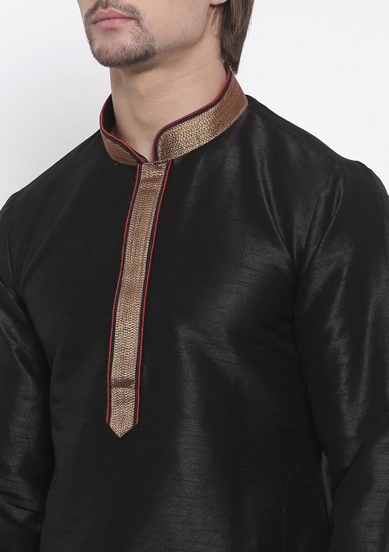 Black Traditional Dupion Silk Kurta For Men - Indya