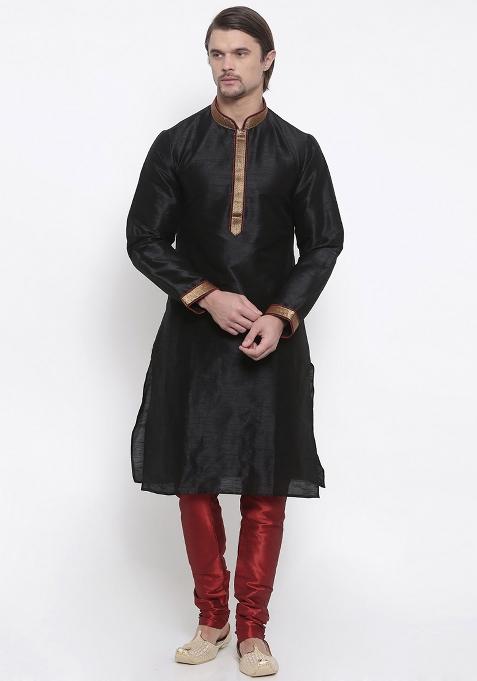 Black Traditional Dupion Silk Kurta For Men