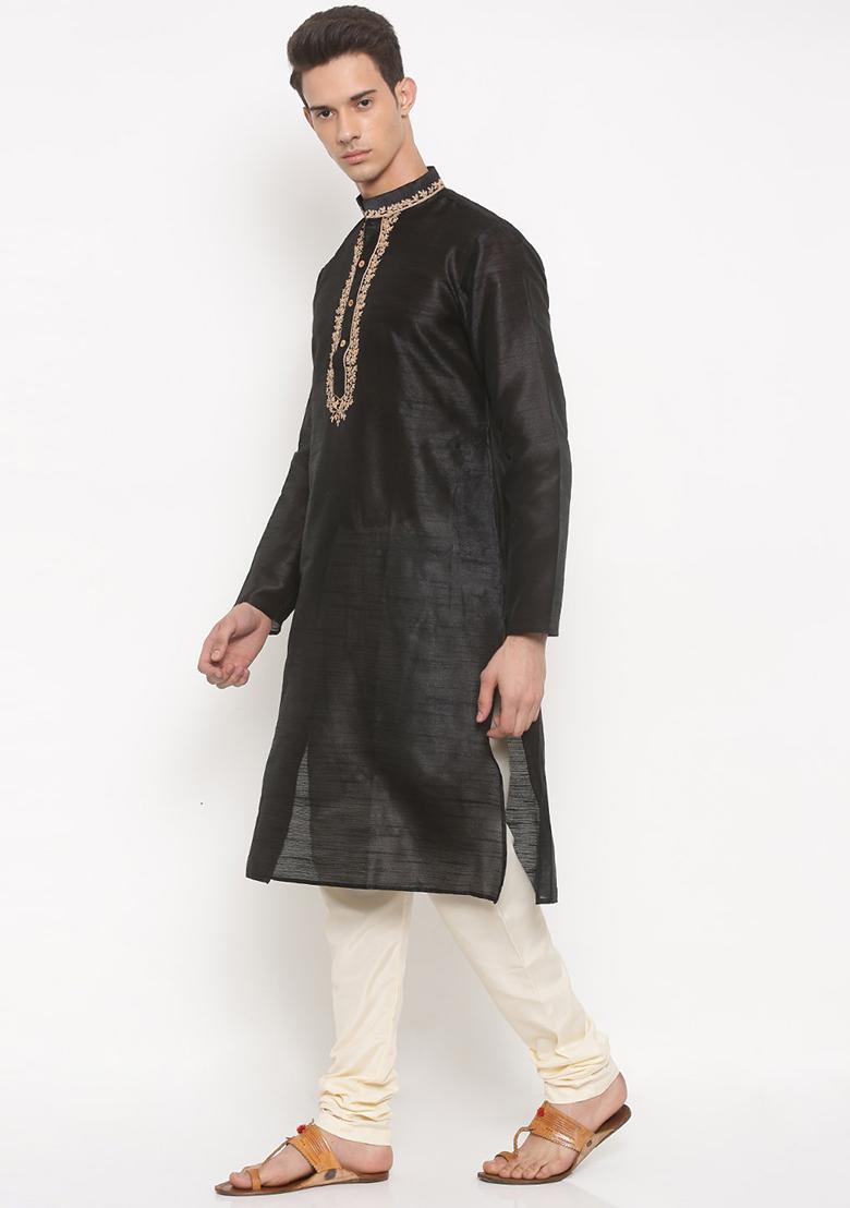 Black Traditional Dupion Silk Kurta For Men - Indya