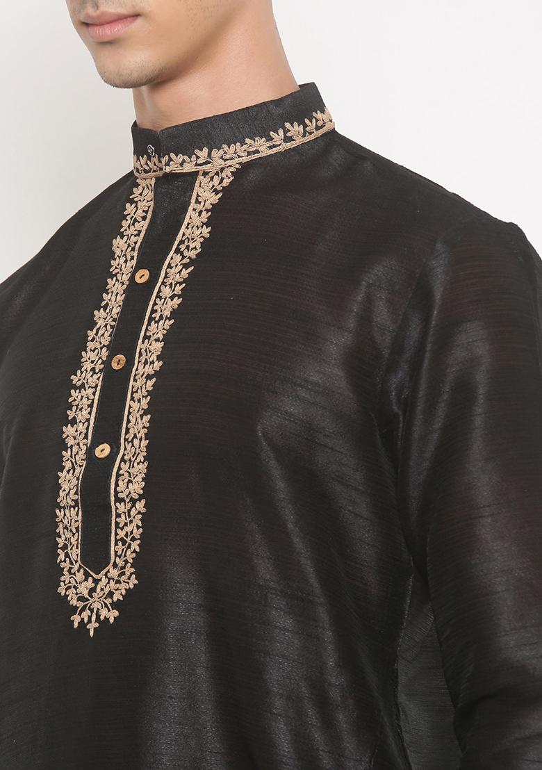 Black Traditional Dupion Silk Kurta For Men - Indya