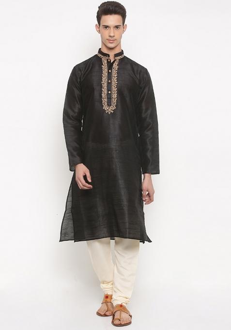 Black Traditional Dupion Silk Kurta For Men