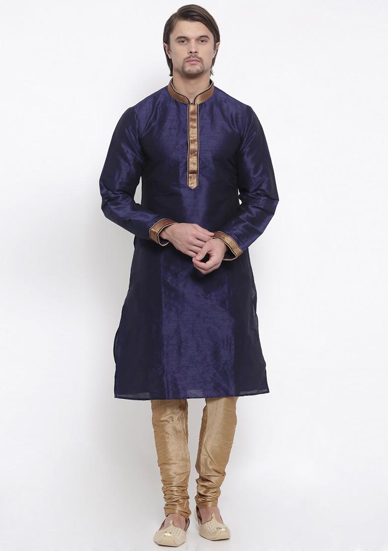 Navy Blue Traditional Dupion Silk Kurta For Men - Indya