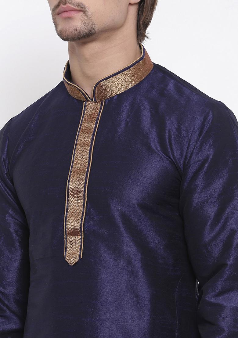 Navy Blue Traditional Dupion Silk Kurta For Men - Indya