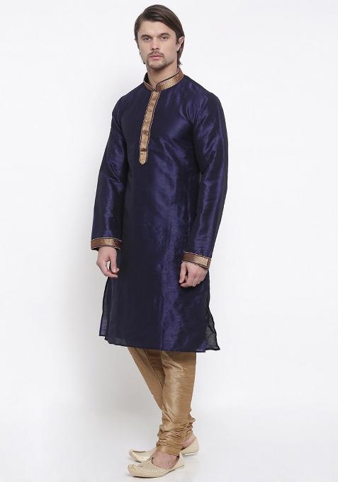 Navy Blue Traditional Dupion Silk Kurta For Men