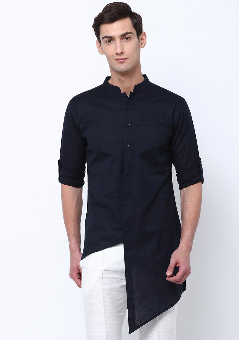 Black Traditional Cotton Blend Kurta For Men - Indya