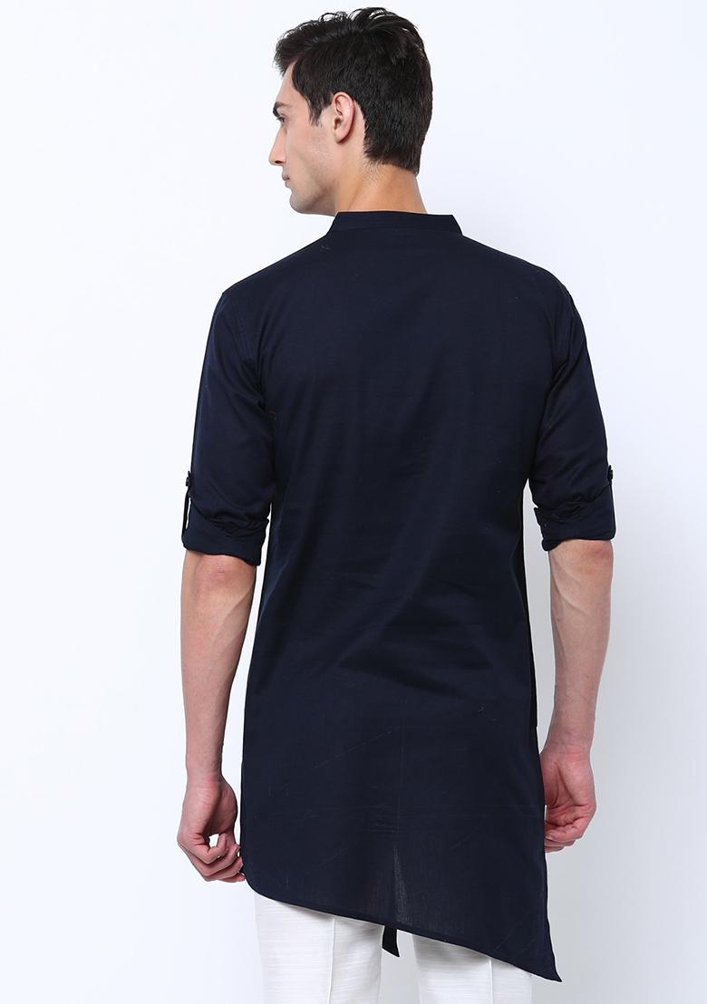 Black Traditional Cotton Blend Kurta For Men - Indya