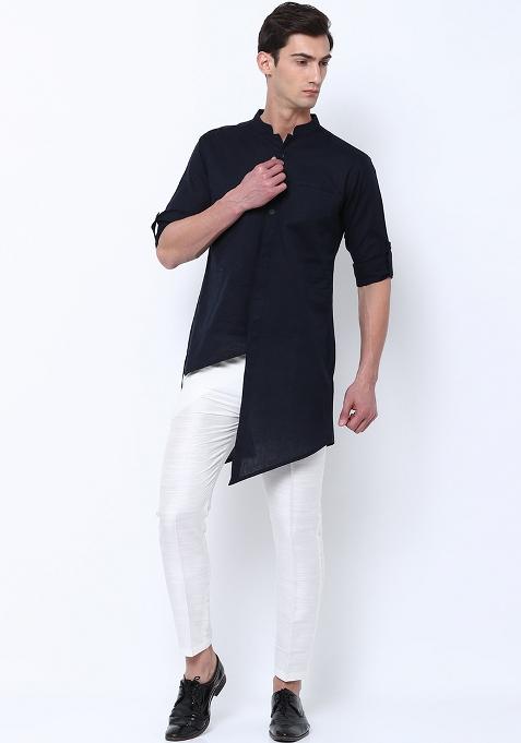 Black Traditional Cotton Blend Kurta For Men
