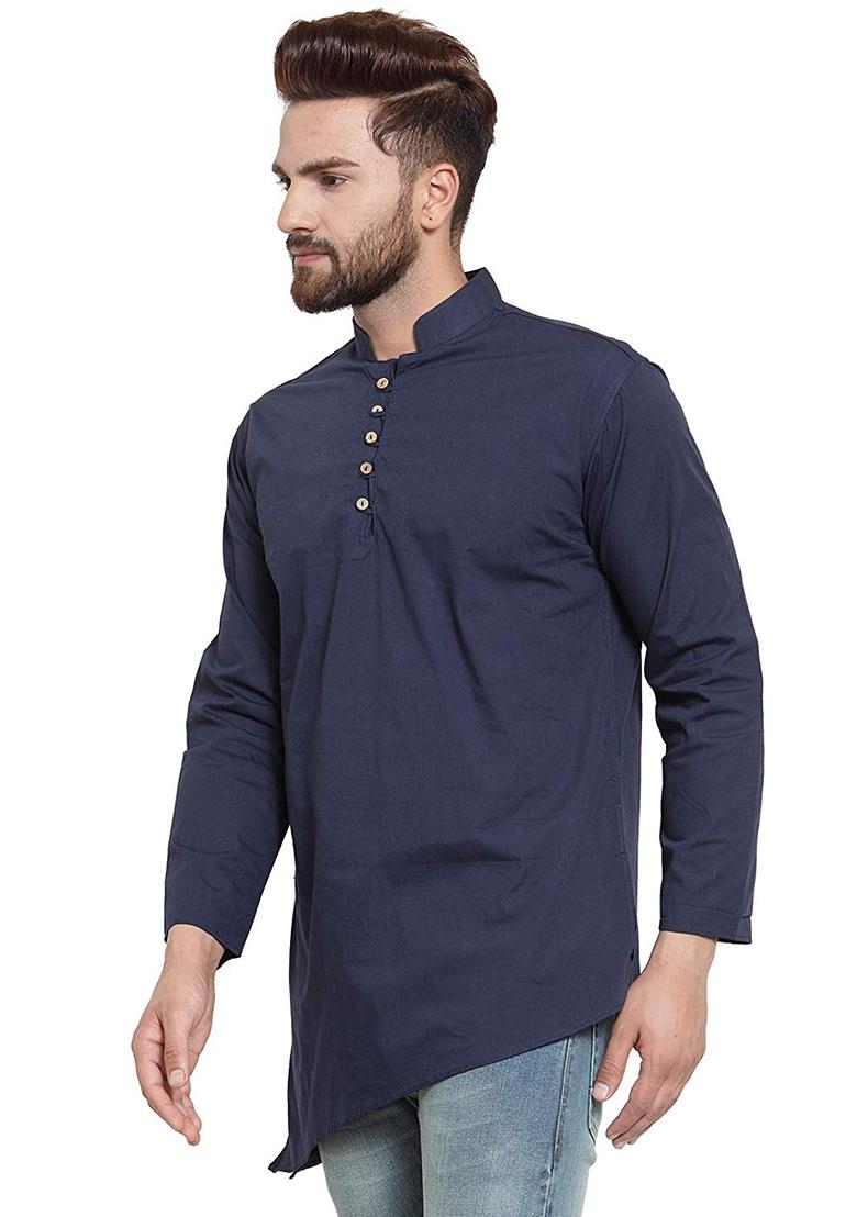 Navy Traditional Cotton Blend Kurta For Men - Indya
