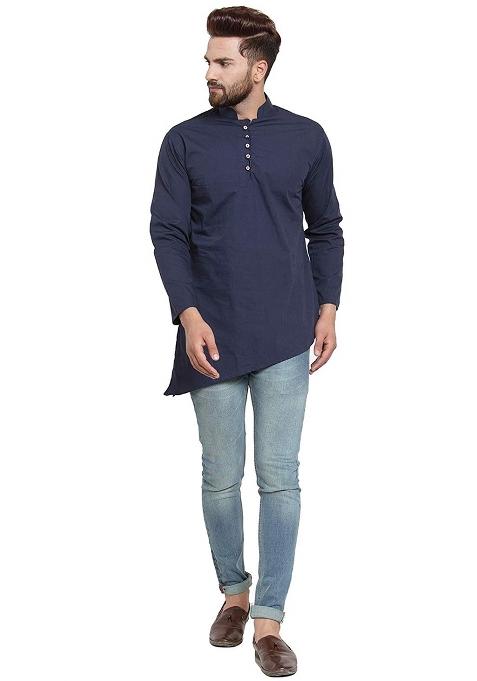 Navy Traditional Cotton Blend Kurta For Men