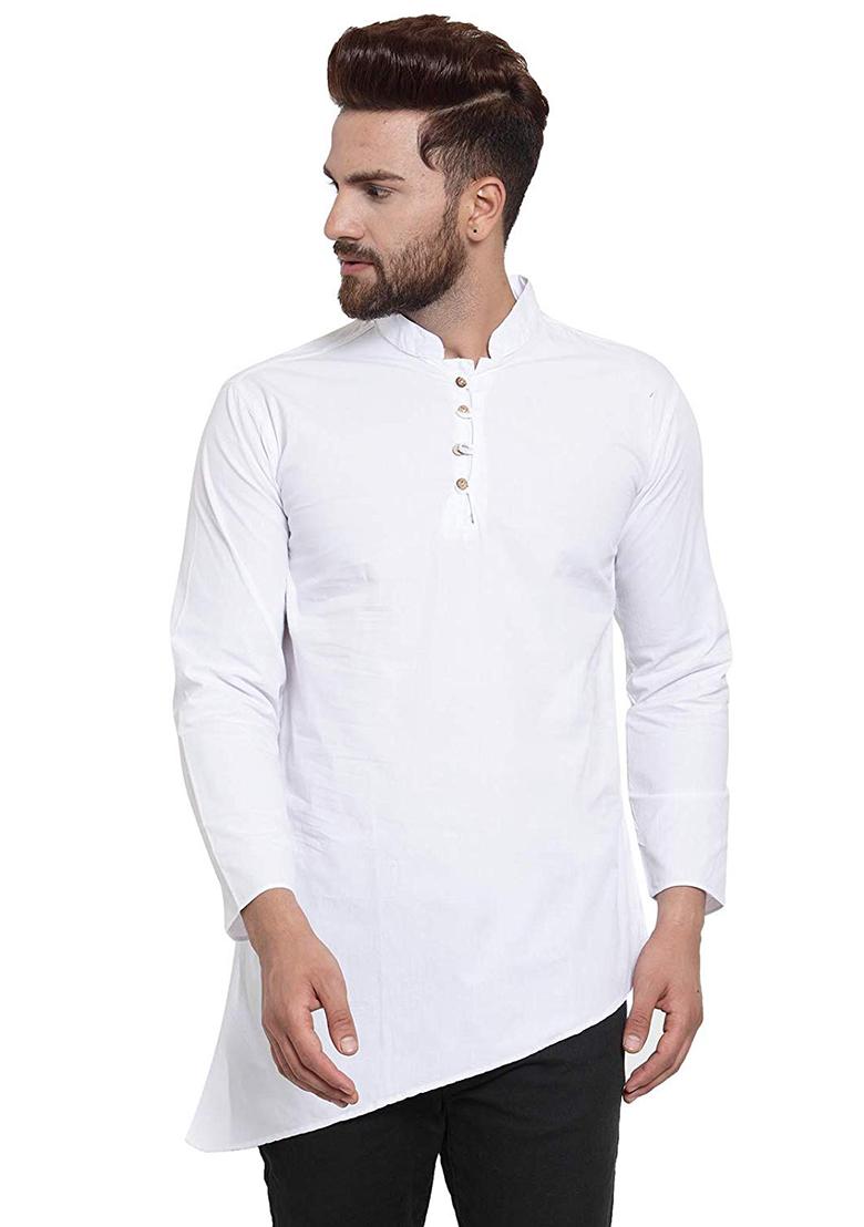 White Traditional Cotton Blend Kurta For Men - Indya